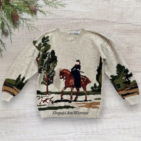 RARE vintage intarsia equestrian hunter with dog motif crewneck crewneck sweater - Picture 6 of 11